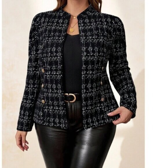 Plus Classic Plaid Button Detail High Collar Jacket Coat - Picture 1 of 5